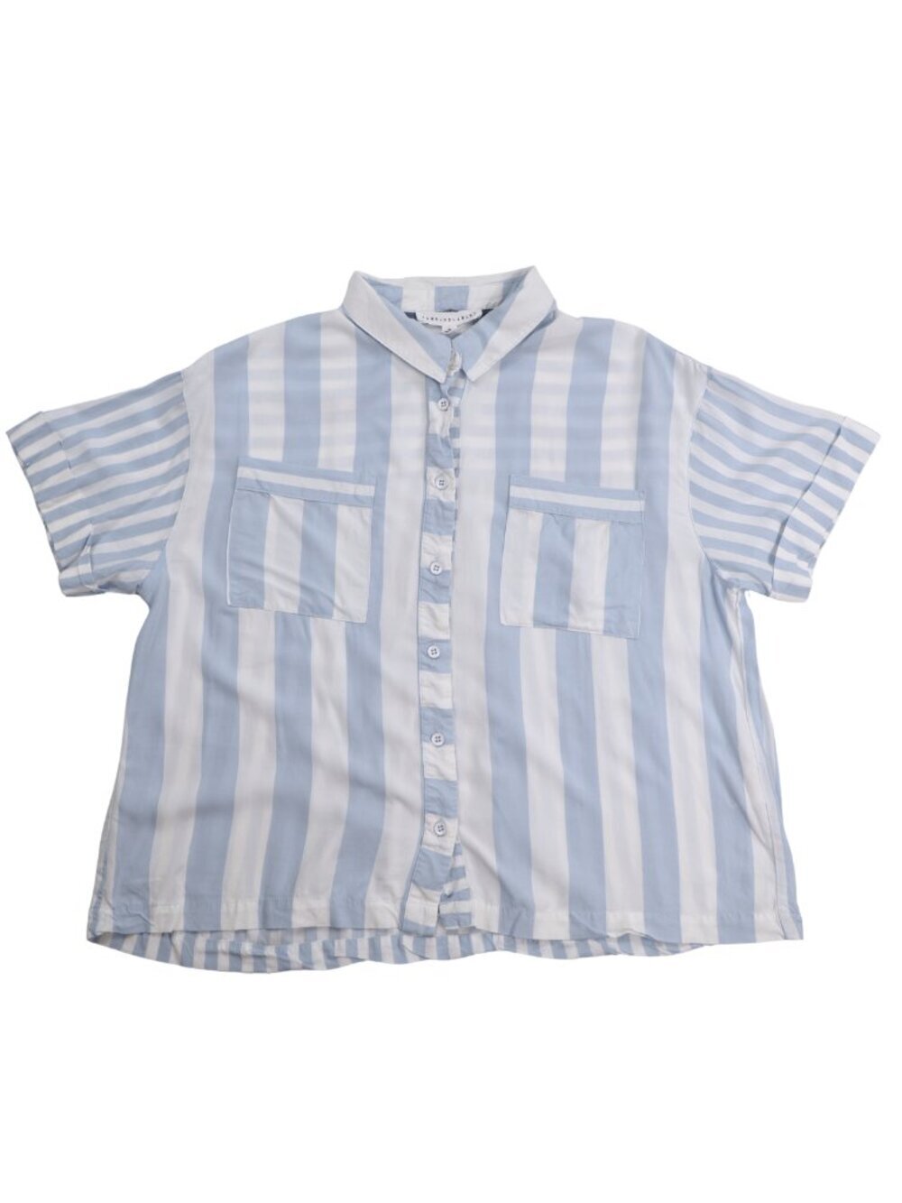 Jane + Delancey Blue White Striped Button Front Blouse Medium Short Sleeve Rayon